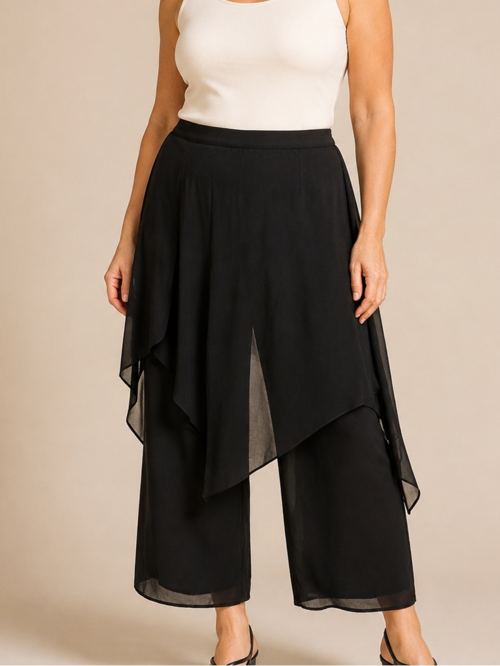 Style Studio black layered chiffon pants, Made in Canada.